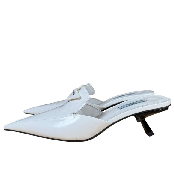 Prada White Spazzolato Triangle Logo 55M Pointed Toe Mules Heels Size 39 - Picture 7 of 13